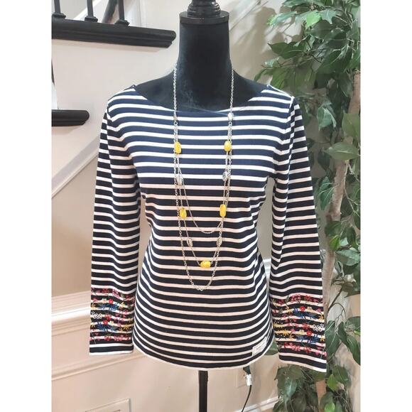 Talbots Embroidered Bateau Neck Navy Fleur Stripe Long Sleeve Tee Shirt Blouse S - Picture 1 of 13